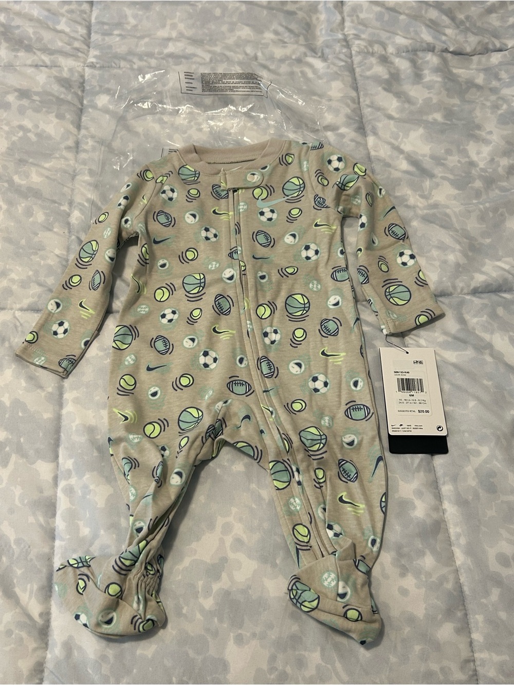 Nike Beige Baby Footed One-Piece with Green & Blue Sports Ball Print